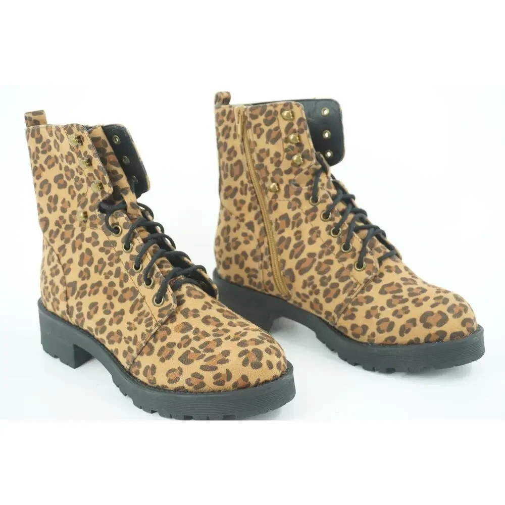 Mia Miki Combat Leopard Print Lug Ankle Boots Size 6.5 Zip Lace Up Brown
